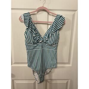 Cocoship Women's 1 Piece V-Neckline Striped Backless Ruffled Swimsuit, 10